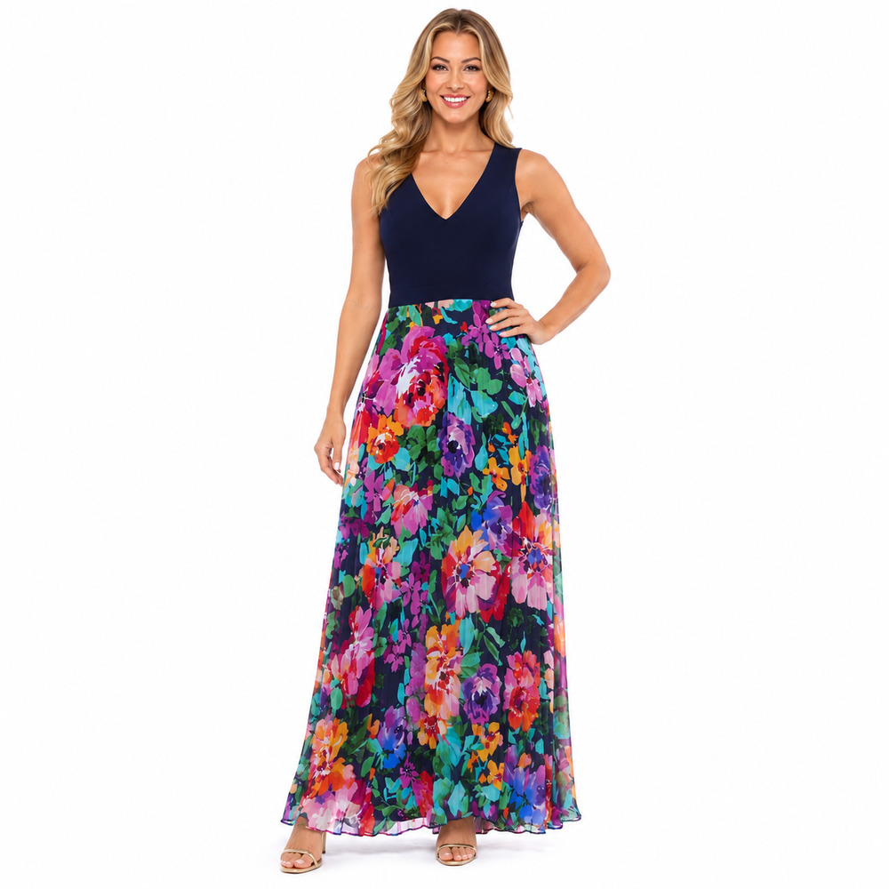 Xscape Womens Formal Evening Gown Size 4 Navy Floral Maxi Dress Wedding Party
